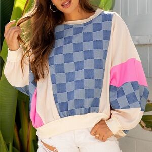 NEW🩷Chelsea Checkered Denim Sweatshirt Medium Oversized